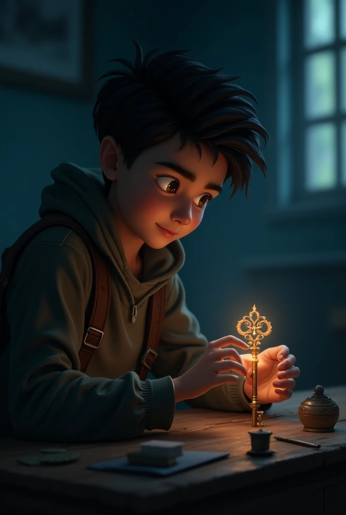8 year old boy reading book at night, candlelight, in room, cute, colorful, fantasy style