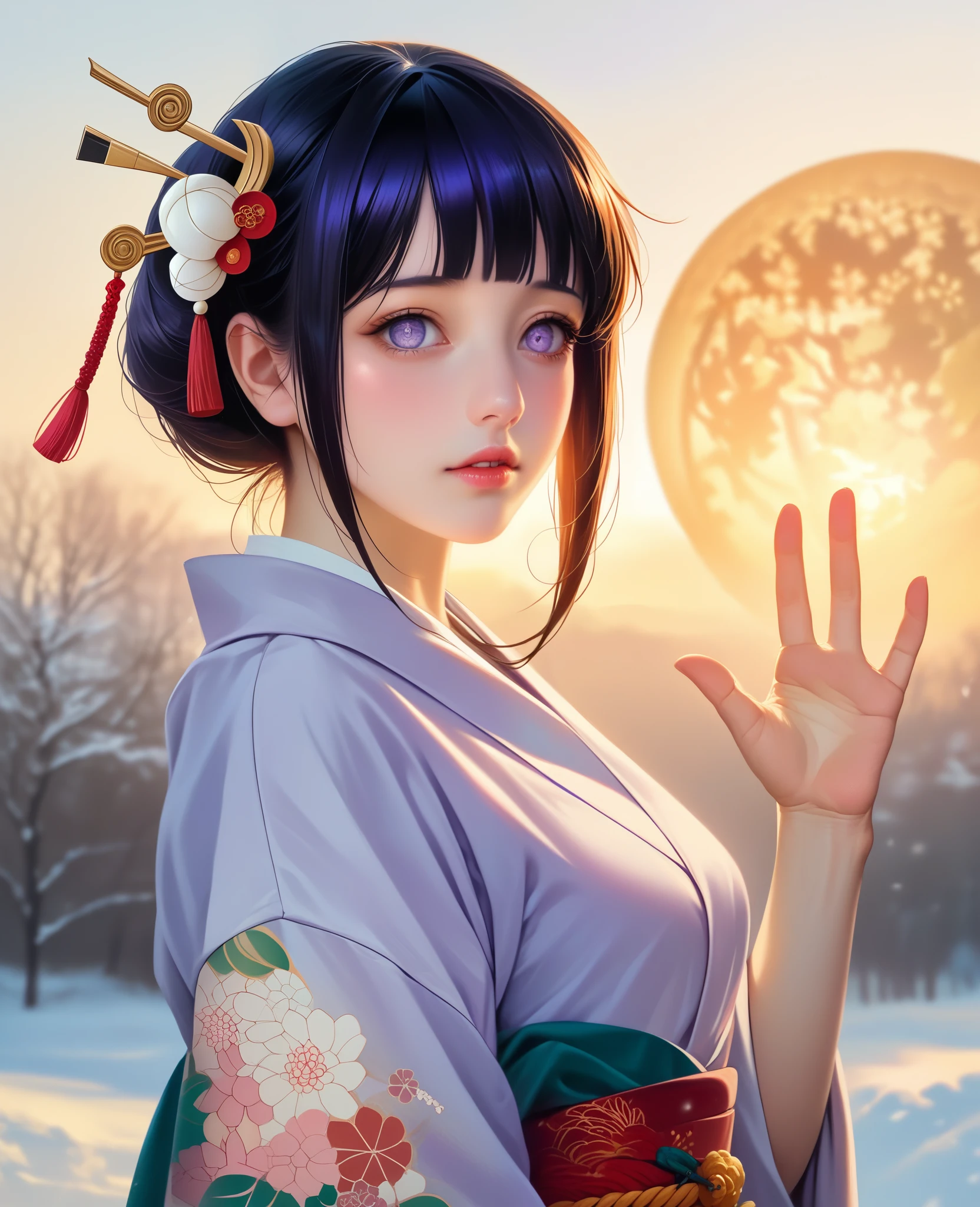 Japanese shinto shrines in snowy landscapes, Early morning of New Year's Day, (Hinata_Hyūga, A beautiful Japanese girl in a kimono for New Year's celebration, solo, floral print, hair ornaments), masterpiece:1.2, best quality, 8k, RAW photo, (realistic, photo-realistic:1.4), cowboy shot, Like a Japanese Idol, Extremely cute, elegant, Slightly bewitching, parted lips, glossy skin, cinematic composition, professional warm lighting and shading, extremely detailed eyes and face, eyes with beautiful details, insanely detailed beautiful realistic skin texture, (correct body balance, accurate hands, accurate eyes)