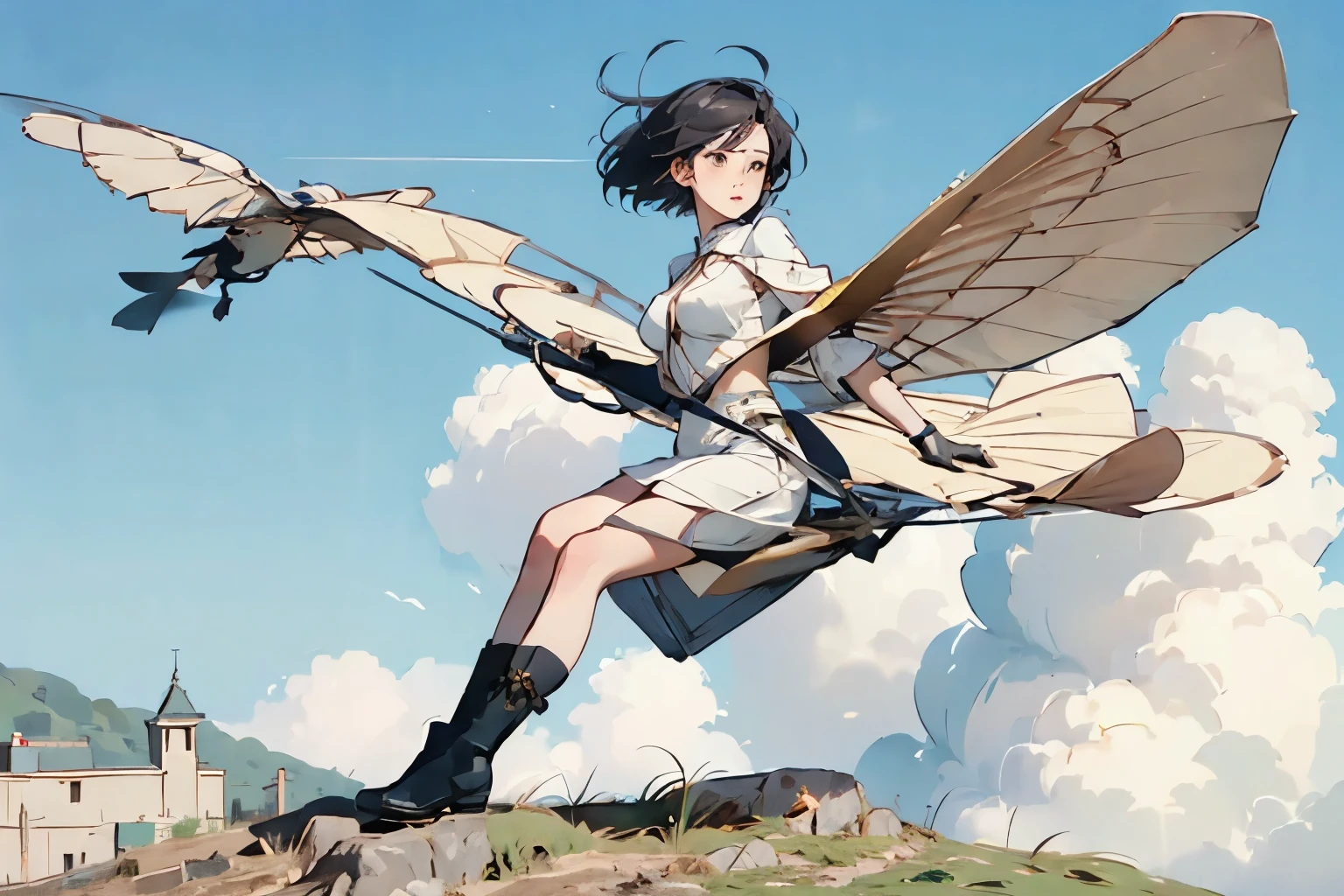  beautiful girl with high breasts、 fly in the sky on a glider in the shape of a bird's wing、Take off from a cliff 、Draw the shape of a glider and the figure of a girl accurately、Alone、Beautiful Face、 short cut hair、(goggles)、boots、 blue sky and white clouds 、 see a rural cityscape below 、Detailed Description、Dramatic composition、Best Quality、  High Resolution  、masterpiece、wallpaper、8k、