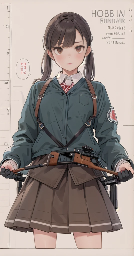  1 girl, Alone, Long Hair,  At the pub, skirt, Brown Hair,   Black Hair  , gloves, holding,   twin tails  ,   Brown Eyes  ,     School Uniform,   jacket, Full Body,   ponytail, arms, pleated skirt, shoes,   black gloves, socks,     FINGERLESS GLOVES  , holding arms, from side, gun, Check pattern, Knee-length, Check pattern skirt, brown footwear , white   jacket, black socks, , holding gun, rifle, tobacco, brown skirt, sniper rifle, Firing, Range  , Suppressor
