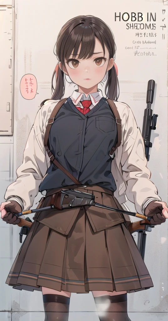  1 girl, Alone, Long Hair,  At the pub, skirt, Brown Hair,   Black Hair  , gloves, holding,   twin tails  ,   Brown Eyes  ,     School Uniform,   jacket, Full Body,   ponytail, arms, pleated skirt, shoes,   black gloves, socks,     FINGERLESS GLOVES  , holding arms, from side, gun, Check pattern, Knee-length, Check pattern skirt, brown footwear , white   jacket, black socks, , holding gun, rifle, tobacco, brown skirt, sniper rifle, Firing, Range  , Suppressor
