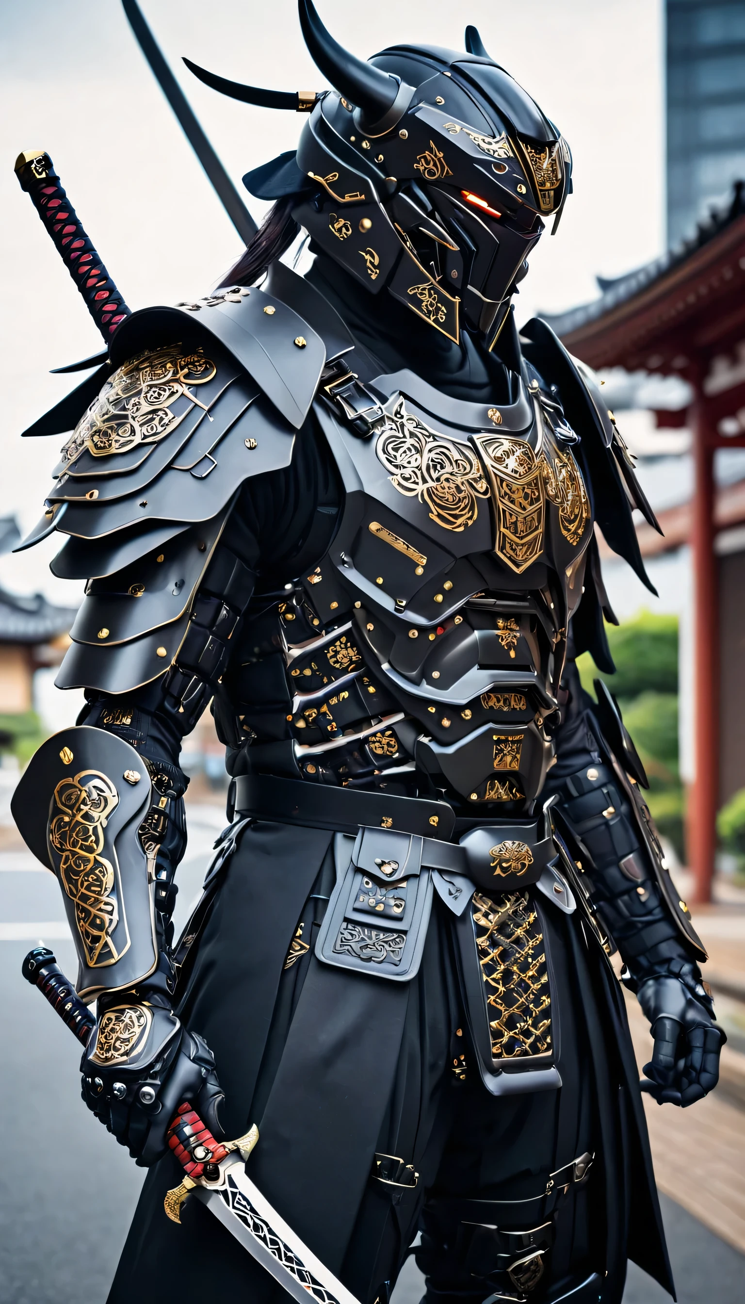 dressed in a black suit holding a sword,cyborg samurai, cyber japan samurai armor, cyberpunk samurai, full samurai armor, bio - mechanical ninja samurai, portrait of a cyberpunk samurai, cyber japan style armor, cyber japan armor, celtic and cyberpunk armor, black bull samurai, intricate assassin mecha armor