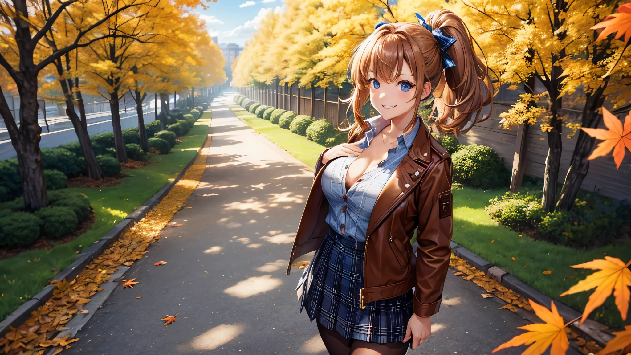 1girl, solo, full body, summer, village, trees, sun, clouds, fantasy, ((chestnut hair)), curly hair, ponytail, big full breasts, ((opened blue leather jacket)), button down shirt, ((white shirt)), ((short sleeved shirt)), ((unbuttoned shirt)), unbuttoning buttons, cleavage 1:3, blue eyes, skirt, smile, looking at the viewer, standing, hair ribbon, golden necklate