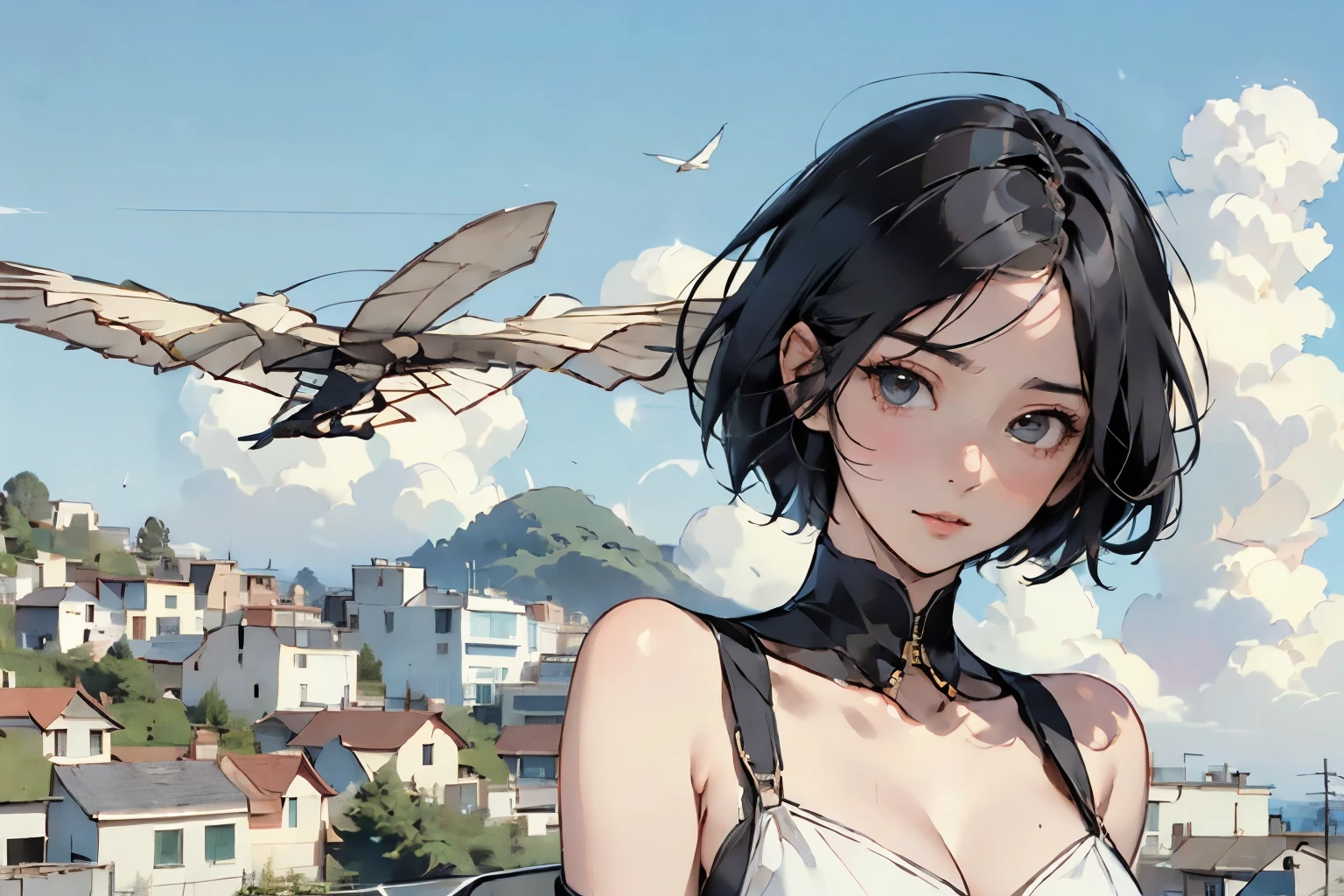  beautiful girl with high breasts、 fly in the sky on a glider in the shape of a bird's wing、Take off from a cliff 、Draw the shape of a glider and the figure of a girl accurately、Alone、Beautiful Face、 short cut hair、(goggles)、boots、 blue sky and white clouds 、 see a rural cityscape below 、Detailed Description、Dramatic composition、Best Quality、  High Resolution  、masterpiece、wallpaper、8k、