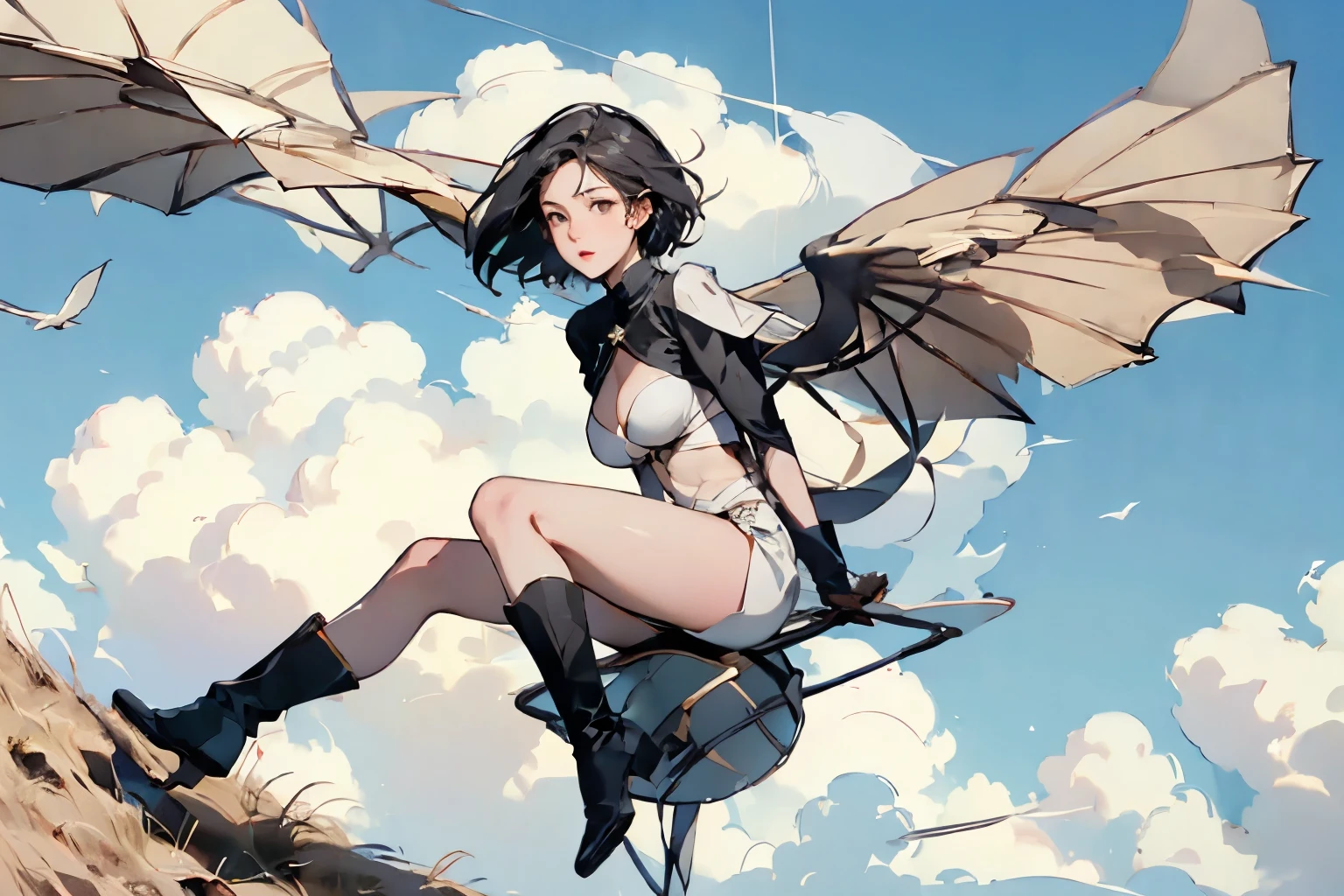  beautiful girl with high breasts、 fly in the sky on a glider in the shape of a bird's wing、Take off from a cliff 、Draw the shape of a glider and the figure of a girl accurately、Alone、Beautiful Face、 short cut hair、(goggles)、boots、 blue sky and white clouds 、 see a rural cityscape below 、Detailed Description、Dramatic composition、Best Quality、  High Resolution  、masterpiece、wallpaper、8k、