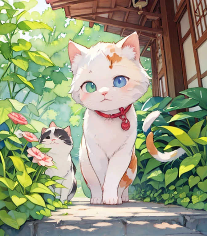 (Masterpiece),( best quality),(  very detailed),(  High Resolution  ),((Line art)),((watercolor)),16k,wallpaper,三毛猫の  very detailedな絵、Insane Details、  very detailed猫、   My house with calico cats prowling around  、  a calico munchkin grooming along the promenade、Old townscape of Japan、A path lined with plants、Sunlight filtering through the trees、Another World、The creation of silence、Long Hit、The target is small，