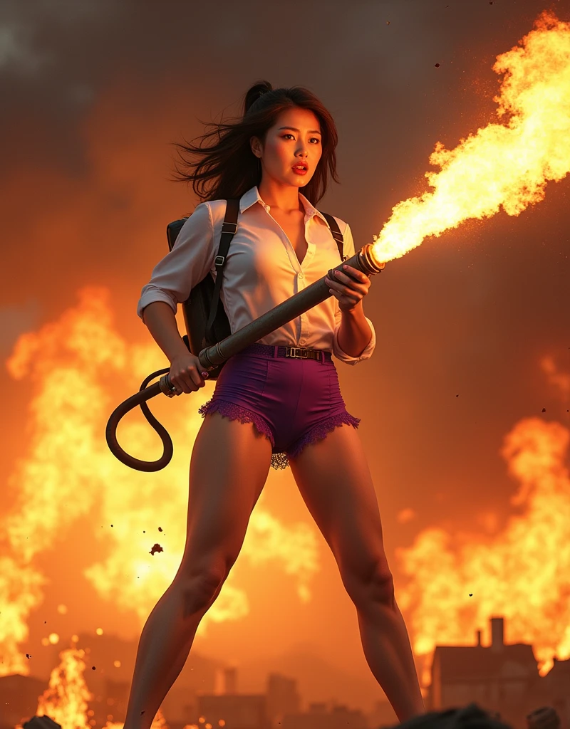 A cover image of a woman in a Thai school uniform fighting a horde of zombies wearing different clothes fiercely, blood splattered, with a baseball bat hitting the zombies&#39; heads. She&#39;s wearing tattered clothes, no exposure. The scene is dark and atmospheric, with a realistic and fierce style. The background is an old Thai temple, with a broken down tuk tuk parked, and behind the woman, a man with his back to fighting zombies is also standing.