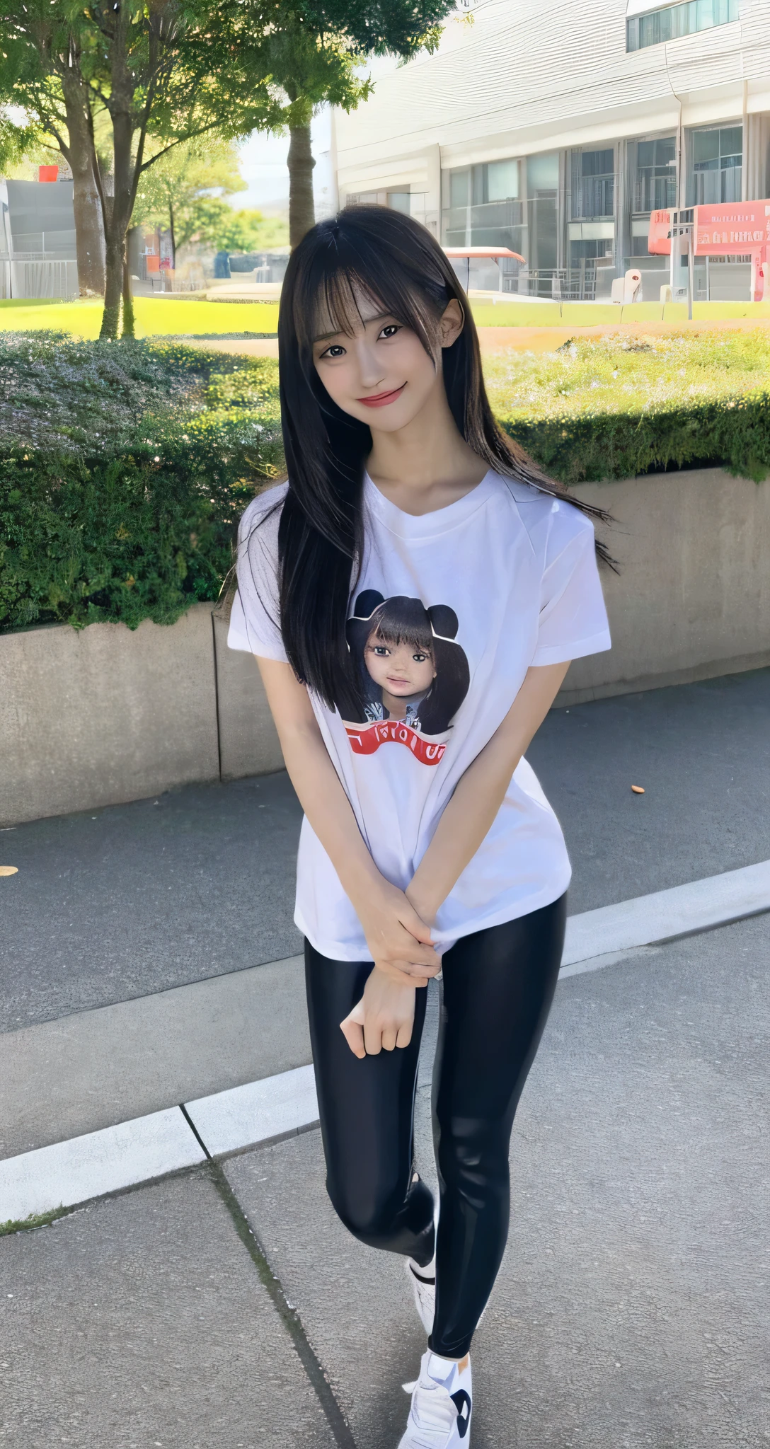 Adorable, 1 girl, (Japanese), , Smiling and shy, full body portrait , (Facial details: 1), (Eye details: 1), ((Very huge )), Crisp legs. Sports T-shirts, Tight leggings. execution.. Park. normal angle shot. super high definition. Realistic: 1.4, super high definition