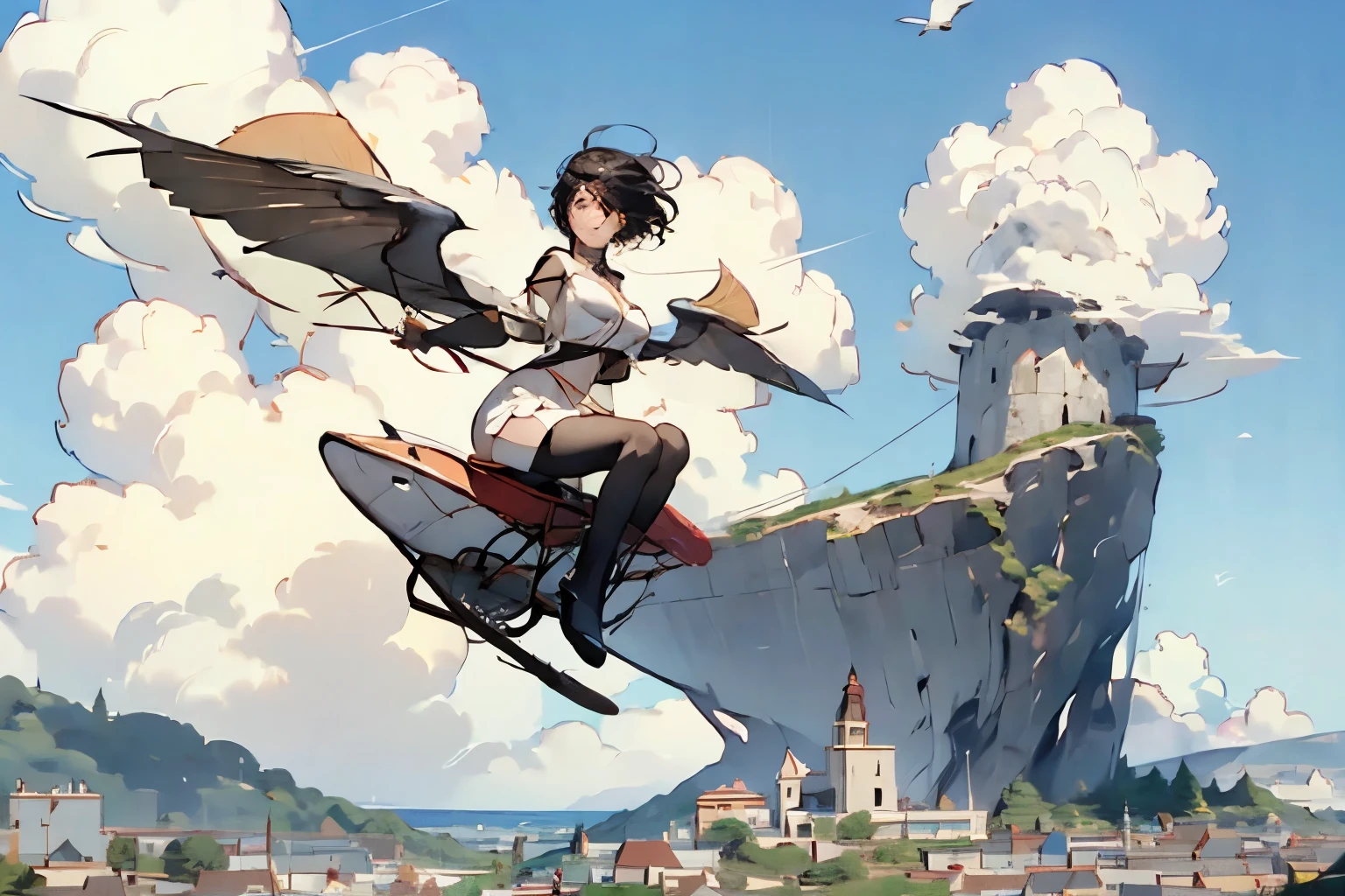  beautiful girl with high breasts、 fly in the sky on a glider in the shape of a bird's wing、Take off from a cliff 、Draw the shape of a glider and the figure of a girl accurately、Alone、Beautiful Face、 short cut hair、(goggles)、boots、 blue sky and white clouds 、 see a rural cityscape below 、Detailed Description、Dramatic composition、Best Quality、  High Resolution  、masterpiece、wallpaper、8k、