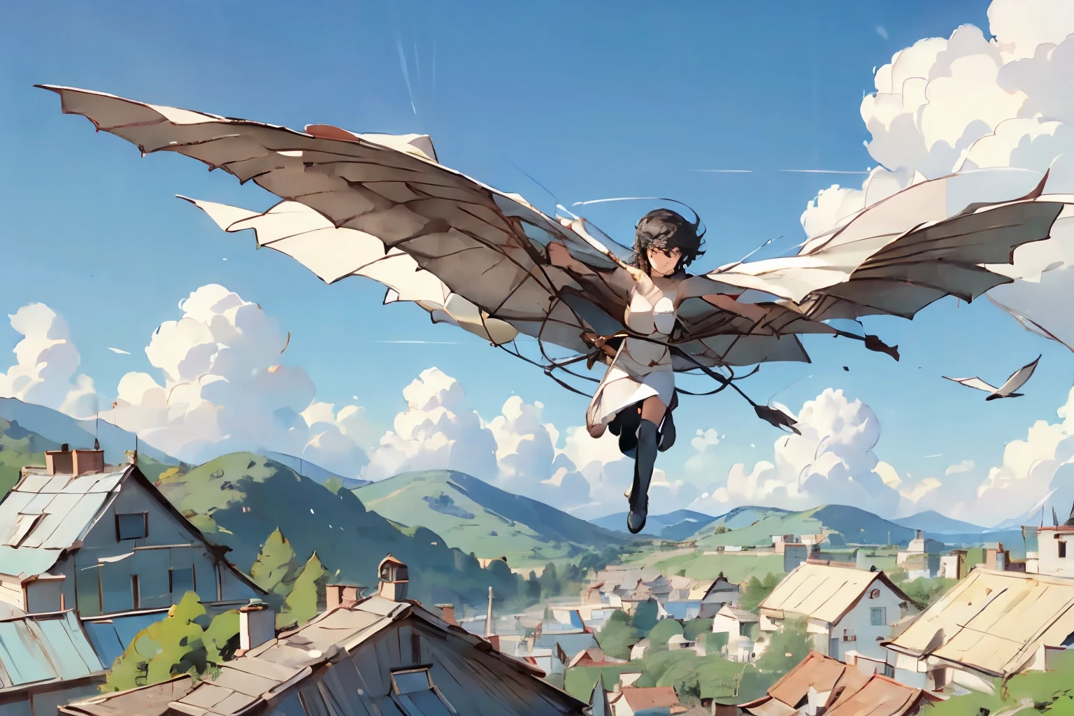  beautiful girl with high breasts、 fly in the sky on a glider in the shape of a bird's wing、Take off from a cliff 、Draw the shape of a glider and the figure of a girl accurately、Alone、Beautiful Face、 short cut hair、(goggles)、boots、 blue sky and white clouds 、 see a rural cityscape below 、Detailed Description、Dramatic composition、Best Quality、  High Resolution  、masterpiece、wallpaper、8k、