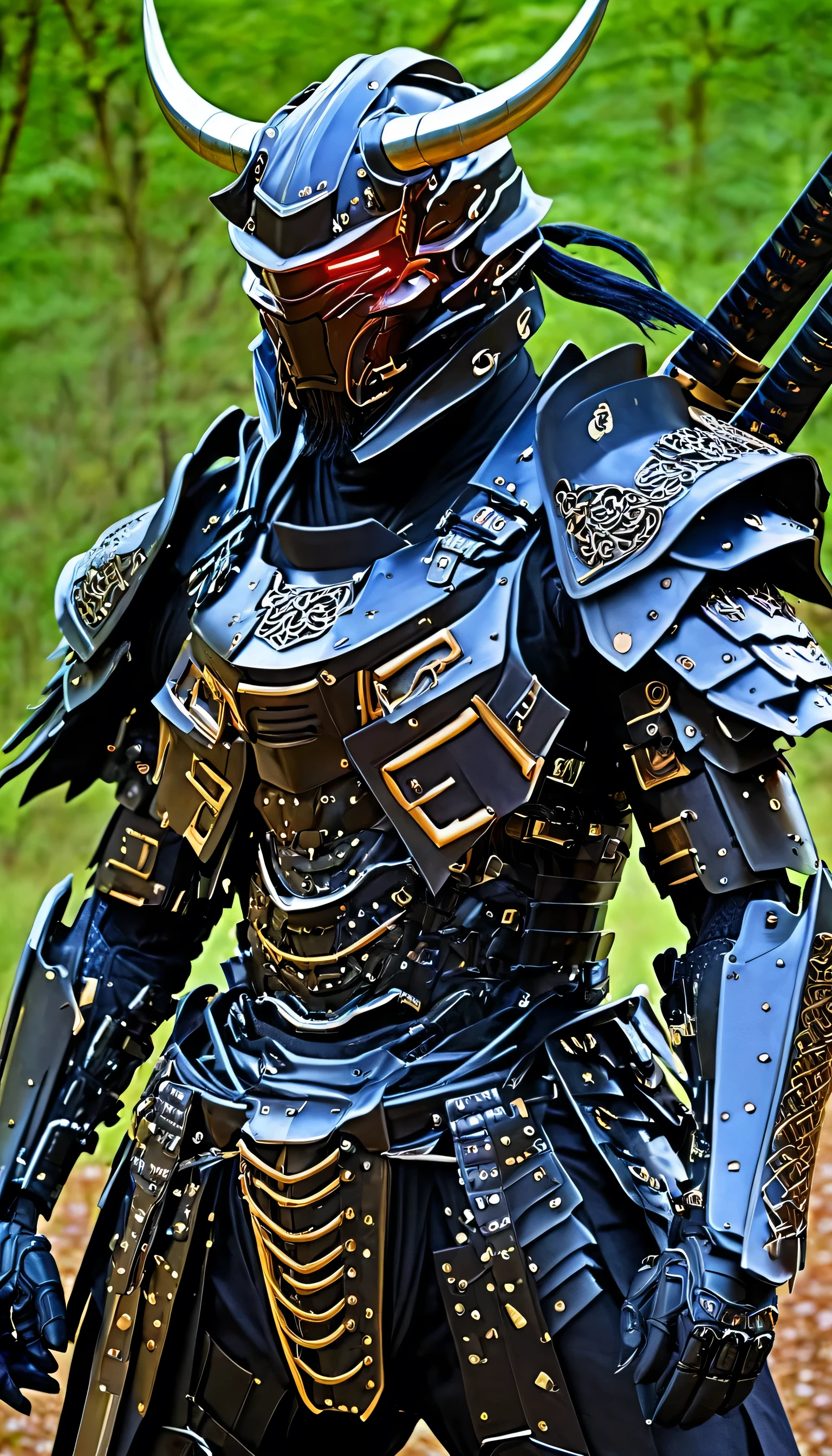 dressed in a black suit holding a sword,cyborg samurai, cyber japan samurai armor, cyberpunk samurai, full samurai armor, bio - mechanical ninja samurai, portrait of a cyberpunk samurai, cyber japan style armor, cyber japan armor, celtic and cyberpunk armor, black bull samurai, intricate assassin mecha armor