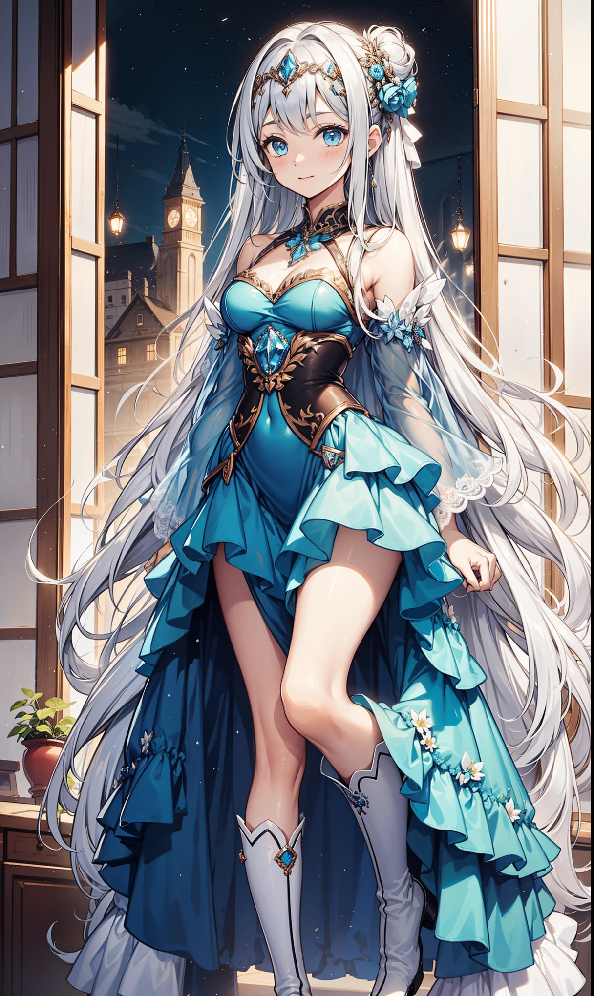 Girl,obsessed, Have Fun ,in love,(long skirt that covers the legs),Silver Hair,Blue Eyes,Transparent clothes,Exquisite hair accessories,Transparent lace,Sky blue pattern,night,Dress nicely,bedroom,solitary,night,Engraved suspender boots, Slim Beautiful Face ,