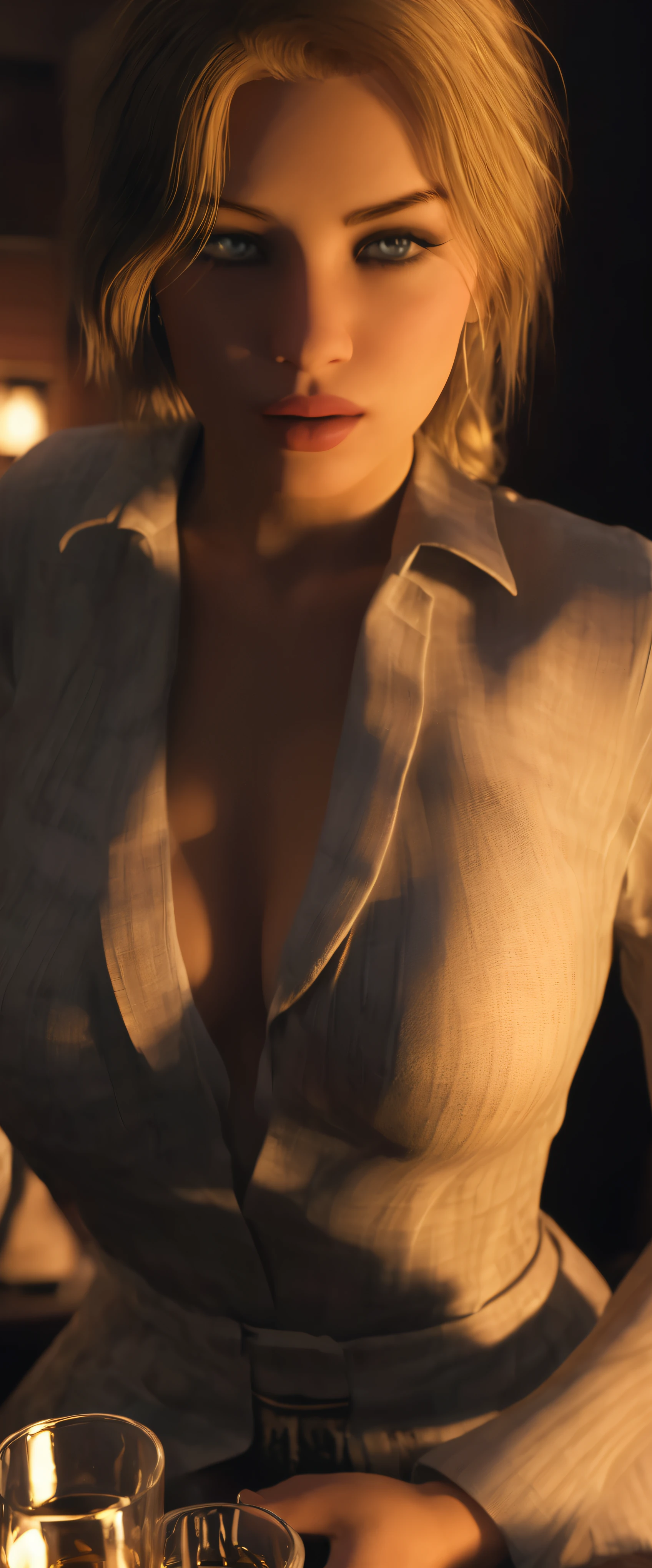 sfw,a beautiful bar maid, beautiful detailed eyes, beautiful detailed lips, extremely detailed face, long eyelashes, wearing a low-cut revealing outfit, holding a glass of whiskey, in a dimly lit bar interior, cinematic lighting, moody atmosphere, vibrant colors, photorealistic, 8K, best quality, masterpiece