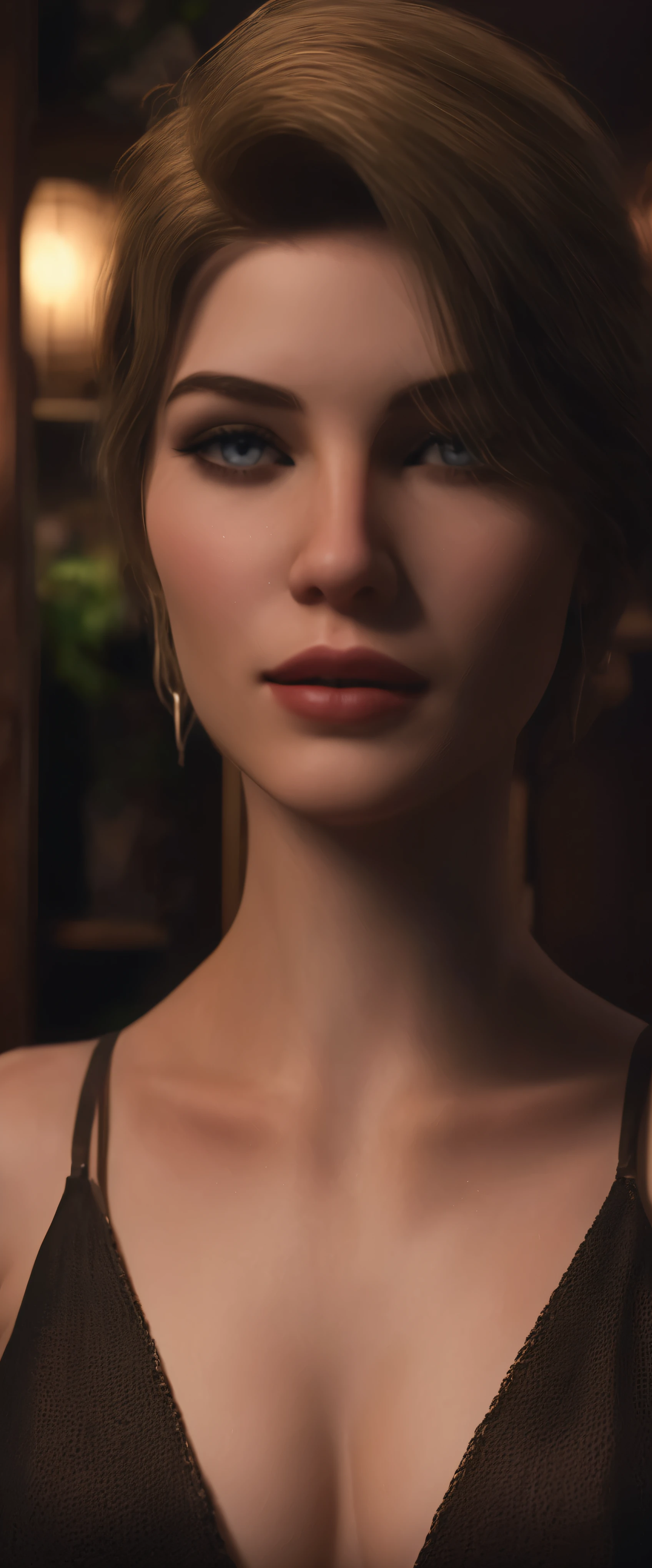 sfw,a beautiful bar maid, beautiful detailed eyes, beautiful detailed lips, extremely detailed face, long eyelashes, wearing a low-cut revealing outfit, holding a glass of whiskey, in a dimly lit bar interior, cinematic lighting, moody atmosphere, vibrant colors, photorealistic, 8K, best quality, masterpiece