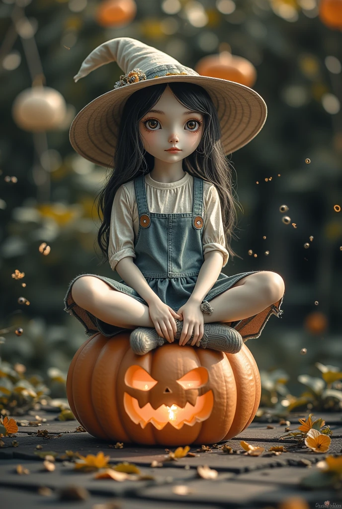 Halloween makeup,a girl sitting on a pumpkin lantern with her legs crossed and wearing a witch's hat,a grim expression,a full-body photo,
