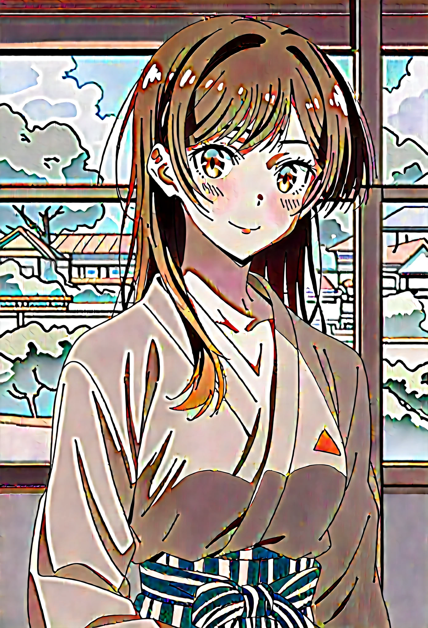 ((master piece)) , (Kanojo Okarishimasu) , ((Mizuhara Chizuru)) , (brown hair) , (light brown eye) , (detailed art style) , (highly detailed) ,  looking at viewer, light smile,Mizuhara Chizuru, brown hair, light brown eye,yukata、hostel