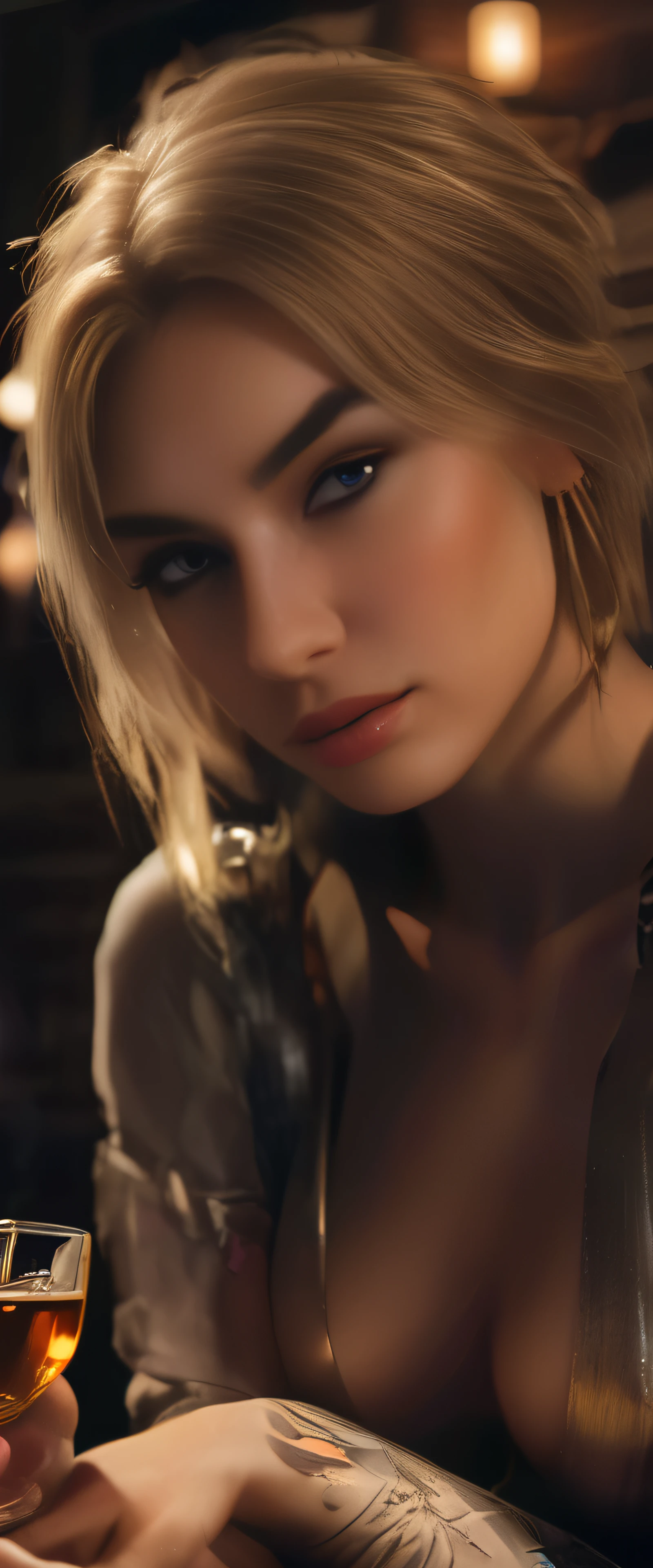 sfw,a beautiful bar maid, beautiful detailed eyes, beautiful detailed lips, extremely detailed face, long eyelashes, wearing a low-cut revealing outfit, holding a glass of whiskey, in a dimly lit bar interior, cinematic lighting, moody atmosphere, vibrant colors, photorealistic, 8K, best quality, masterpiece