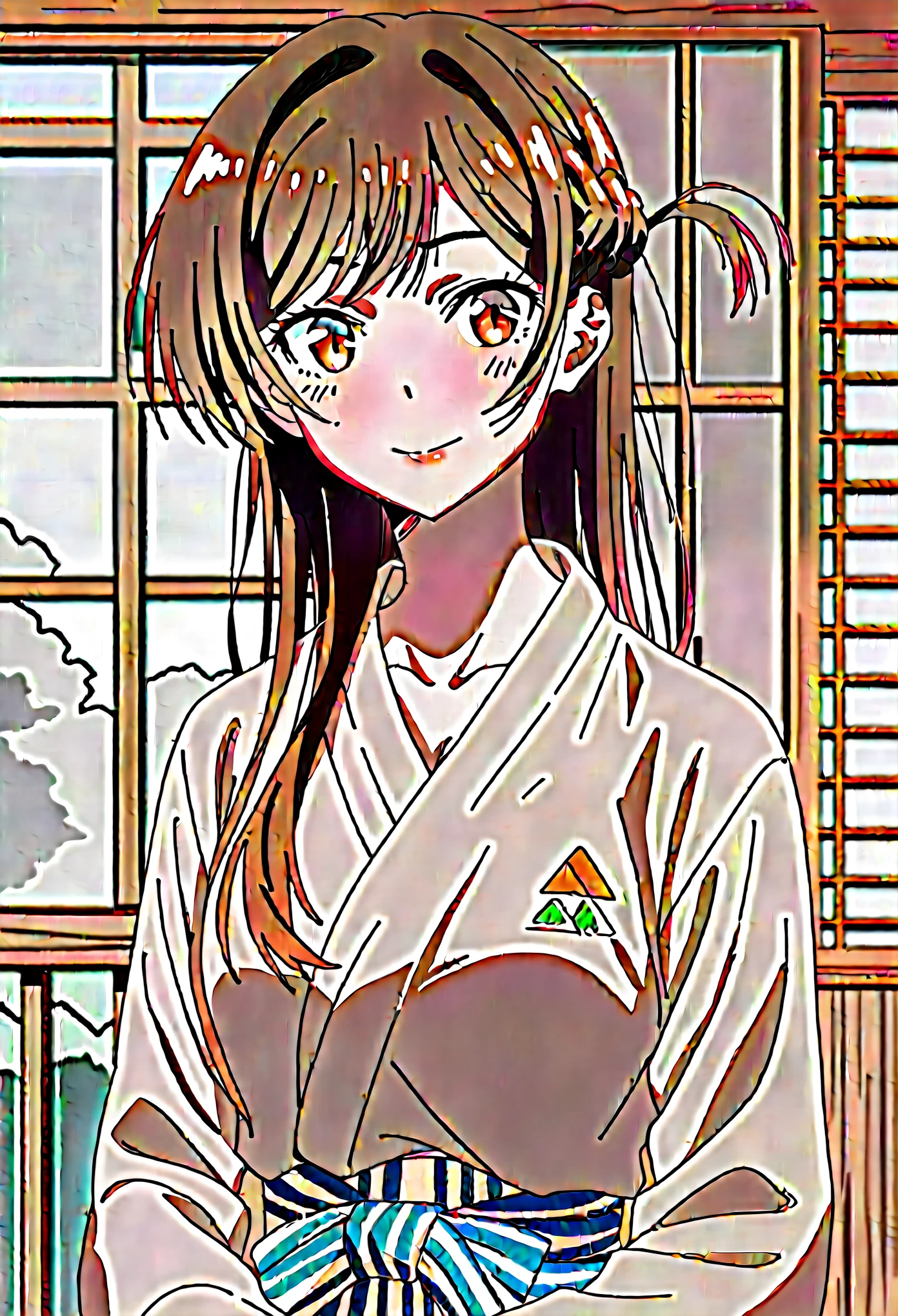 ((master piece)) , (Kanojo Okarishimasu) , ((Mizuhara Chizuru)) , (brown hair) , (light brown eye) , (detailed art style) , (highly detailed) ,  looking at viewer, light smile,Mizuhara Chizuru, brown hair, light brown eye,yukata、hostel