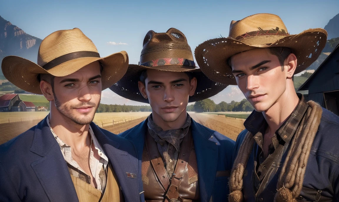 [((highly detailed, detailed eyes, detailed face, clear and realistic facial features, photorealistic, realistic light, cinematic, standing close together, facing the viewer)), ((((3 men)))), (((((Gorgeous sexy flirtatious male farmhands, all have a unique facial appearance and unique hair))))), ((((traditional farmhand outfit with hat)))), (((smirking, sexy, seductive air))), ((((flirty)))), (((((background is a farm)))))]