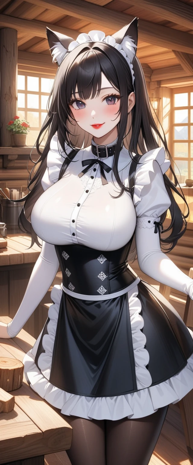 Extremely busty thin and toned brunette maid, college girl, fair skin, big hair, soft face, athletic, wearing sexy black French maid costume, black gloves, white lace, ribbons, bows, makeup. Standing, chateau, parlor, windows, potted plants. gigantic breasts, cleavage.