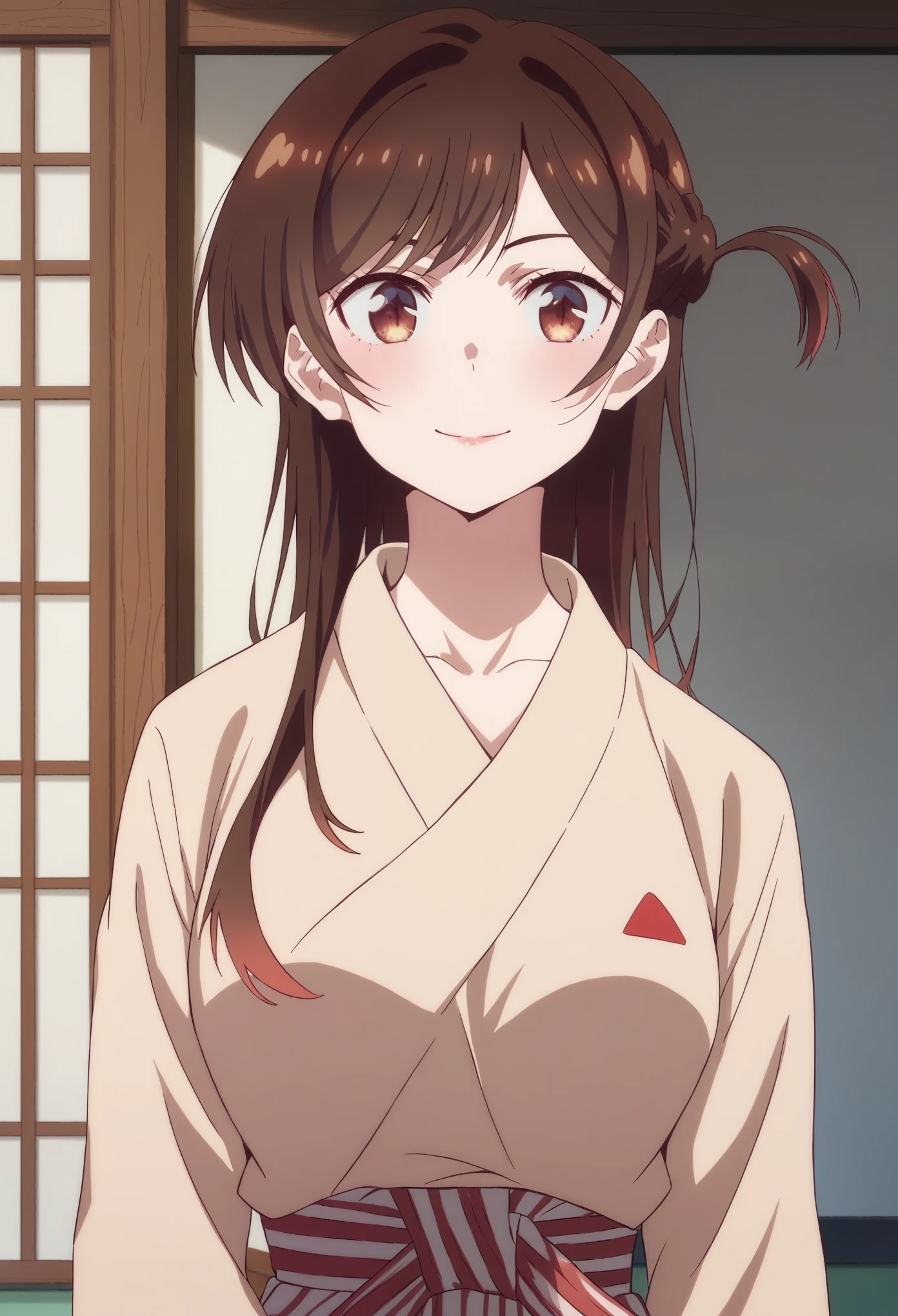 ((master piece)) , (Kanojo Okarishimasu) , ((Mizuhara Chizuru)) , (brown hair) , (light brown eye) , (detailed art style) , (highly detailed) ,  looking at viewer, light smile,Mizuhara Chizuru, brown hair, light brown eye,yukata、hostel