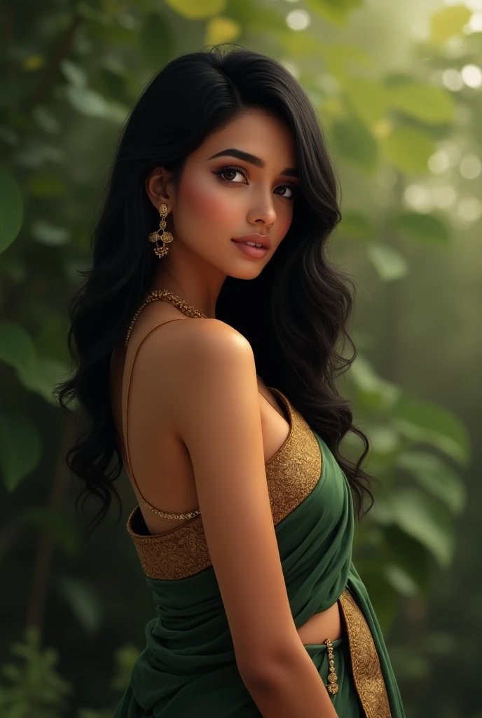 A beautiful girl in green saree pallu on head 