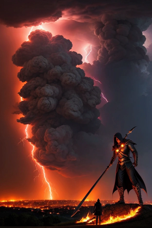 Person on a hill watching a burning city during a thunderstorm as the reaper with his scythe descends from the skies in a chariot.