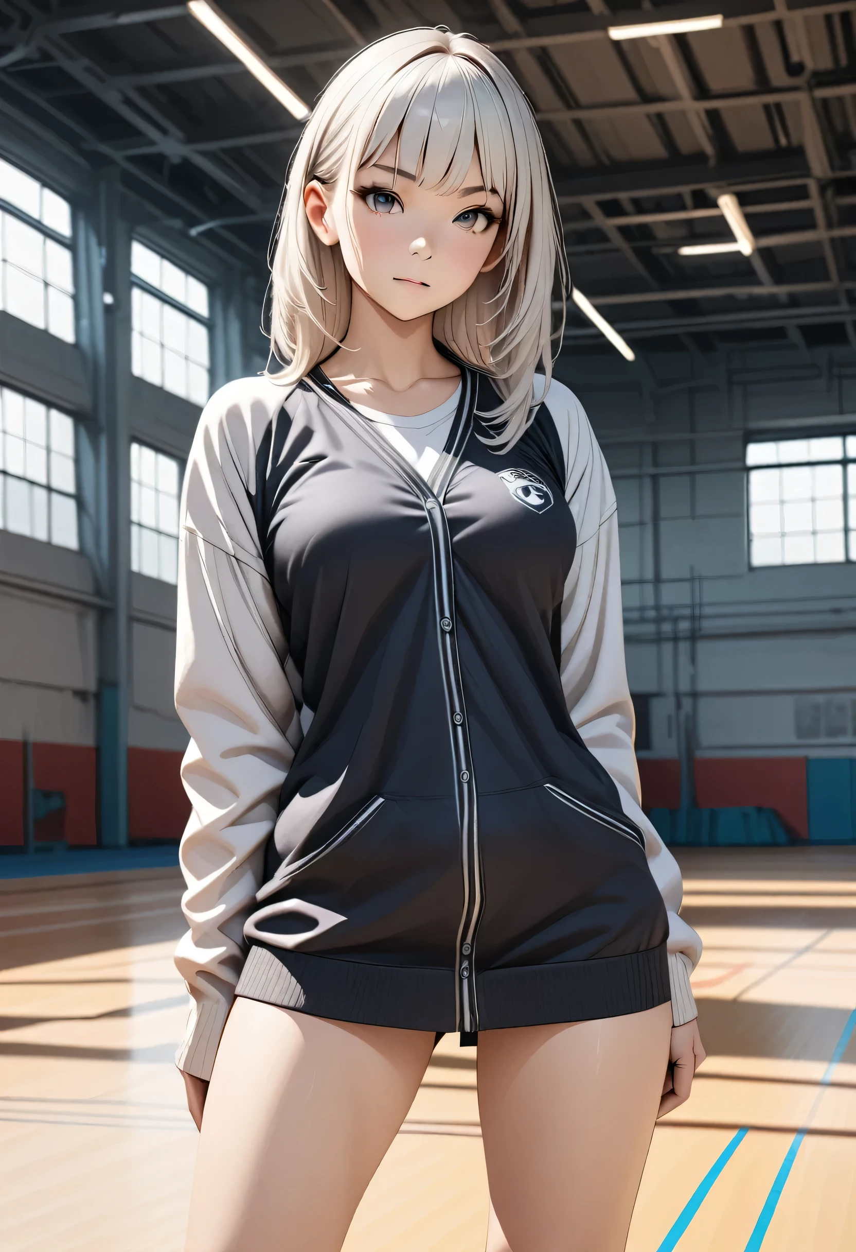 best quality, highres, photo realistic, perfect anatomy, extremely detailed, detailed face, detailed body, high quality, white loose socks, JK, cute girl, 18yo, young face, medium curvy hair, white hair, medium breasts, overly sleeve cardigan, skinny body, slender body, gym arena, sexy standing pose, knee together, feet apart, arms behind back