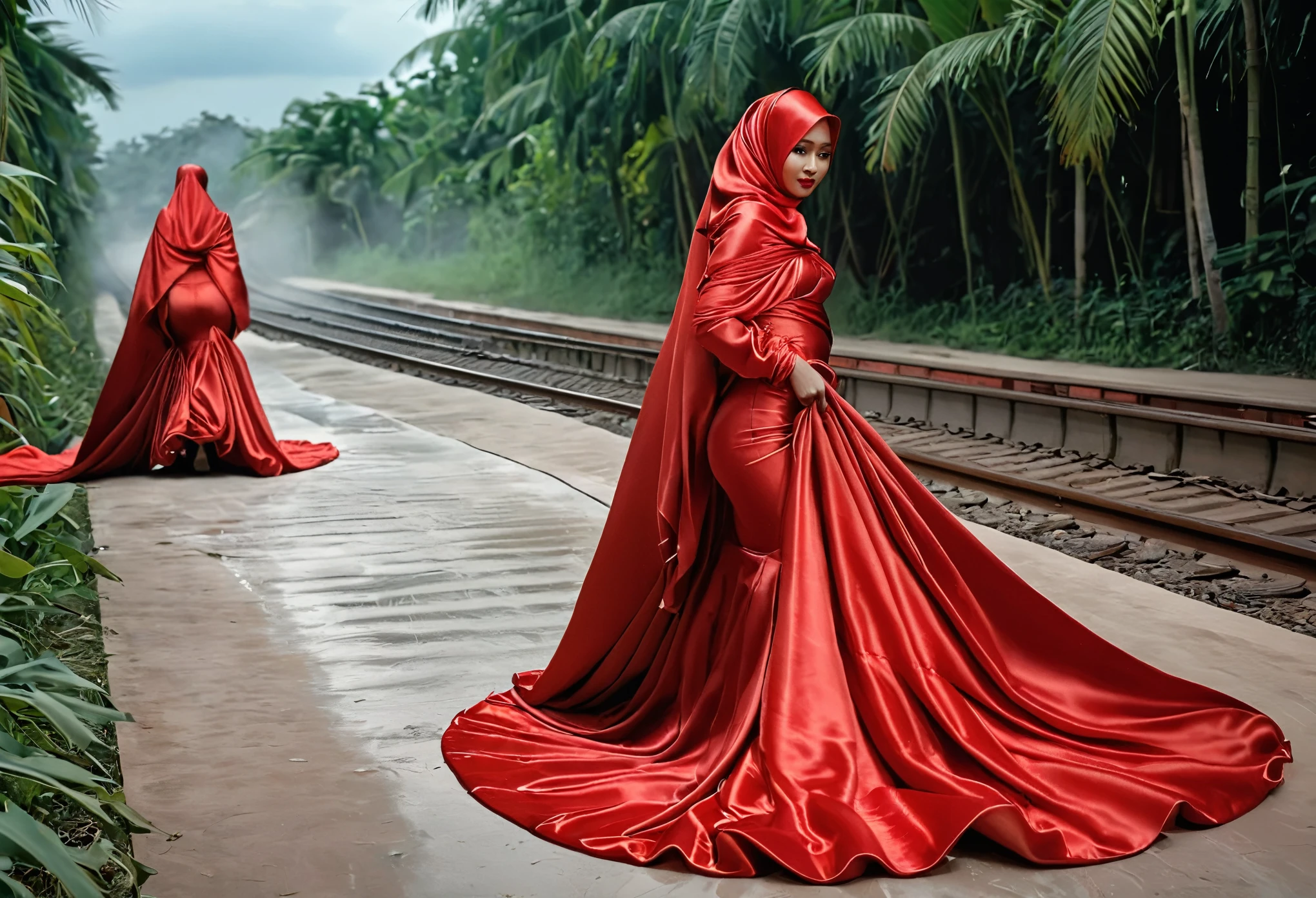 A woman shrouded in a 9-meter-long, plush red satin cloth, tightly bound and grandly draping along the form of her body, flowing off into a pooled floor-length train, styled in a mermaid-inspired outfit, her head modestly veiled in a satin hijab, 175 height woman, walk in indonesian vilage , a full-body pose conveying a sense of elegance, captured in a 4k resolution, ultra-realistic