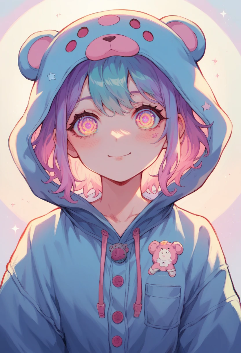 masterpiece,best quality,highres,1girl,<lora:InyouchuuKokonoeRinkoV1:0.8>,smile,sitting on bed,pajamas printed with cartoon characters,eyepatch,purple eyes,looking at viewer,blush,shy,in desire for sex,holding stuffed toy
