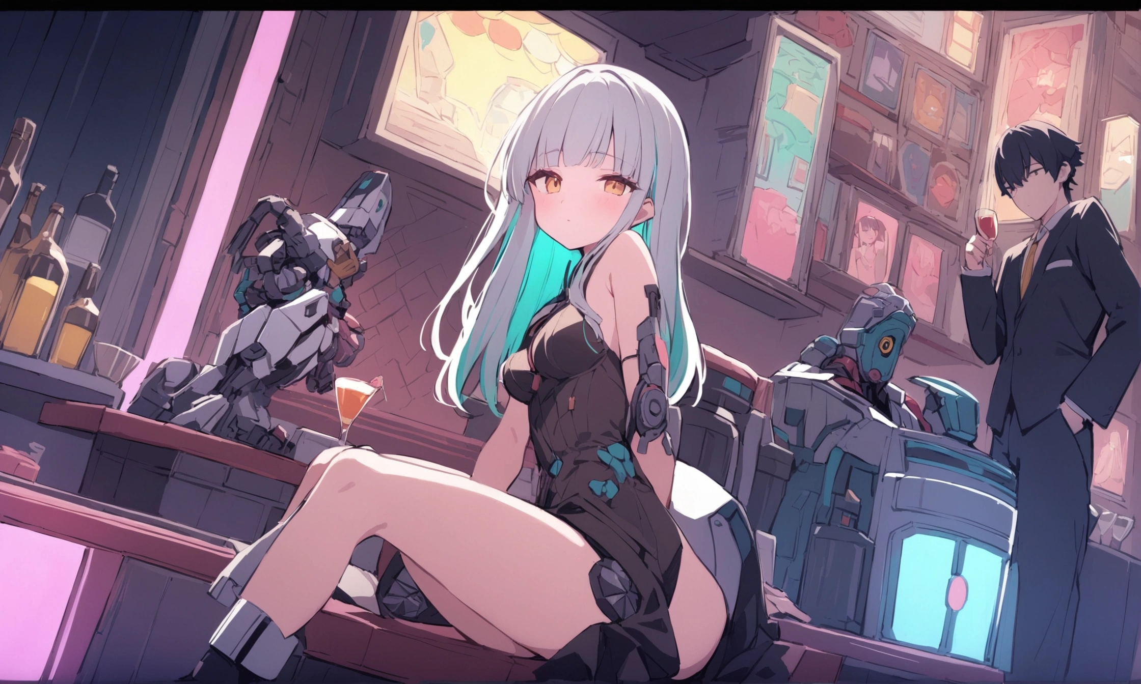 ((((masterpiece, best quality, high resolution)))), from above,illustration,1girl, looking at viewer, light smile, (breast focus), (arms behind back:1.2), average breasts, (breasts out:1.2), midriff, collarbone, nighttime, sweat, (black Playboy bunny suit, highleg leotard, Origleotard, thighhighs, pantyhose, rabbit ears, high heels), night bar, night light, seductive expression, seductive eyes, suggestive looks,