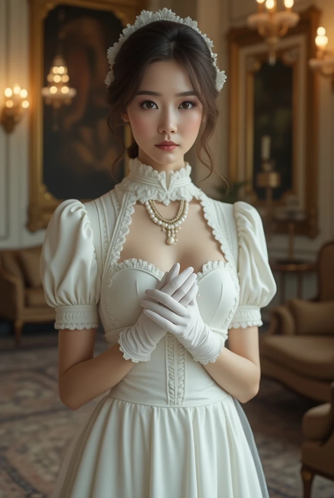 woman in white dress and hat sitting on chair, Elegant lady with alabaster skin, Gorgeous lady, pale milky white porcelain skin, Elegant Hand, Elegant lady, artistic style of romanticism, porcelain white leather, bride, unearthly beauty, an elegant corset, pale ivory skin, victorian era, incredibly unearthly, White lace clothing, light cream and white colors