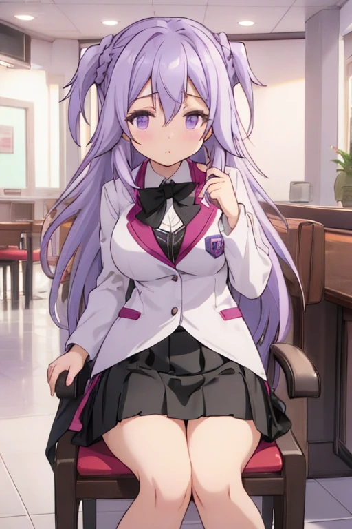 nsfw, (((ultra high res))), (((8k))), ((best quality)), (masterpiece), beautiful, ((illustration)), (((insanely detailed))), dutch angle、Purple Hair, Long Hair, Hair between the eyes, two side up,  purple eyes, Large Breasts、Short、 petite girl、 outfit : school uniform, white jacket, black bowtie, collared shirt, pleated skirt, mini skirt, black skirt、,toudou kirin、 purple eyes,Dark Eyes,(good anatomy:1.2), beautiful eyes, Eye on the details、Coffee shop、 sitting on a chair 、Skirt flipped up、You can see inside her skirt、 white panties visible
