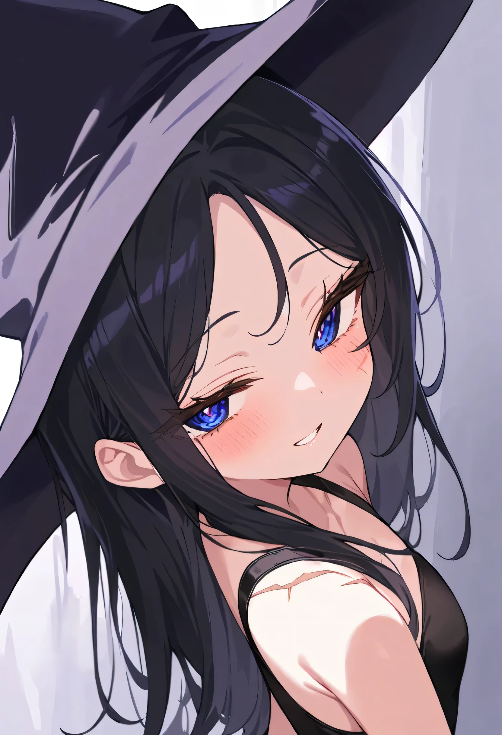 extremely detailed eyes, beautiful detailed face and features, high quality, best quality, hyper detailed, sharp focus, masterpiece, high resolution, extreme detail, 1 female, HD, 32K, masterpiece, Score_9,Score_8_up,Score_7_up,highest quality,best quality,li,flat body,,hypertropic scar in the face,black straight hair,dark blue eyes,half closed eyes,dark circles,black wizard hat,black wizard coat,black tight tanktop,from side,from above,blushed face