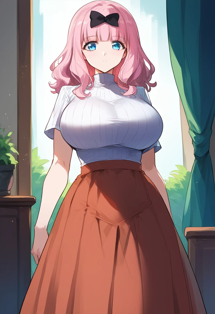 score_9, score_6_up, source_anime, 1girl, Alone, , cowboy shot, chika, blue eyes, pink hair, hair bow, black bow,, huge breasts 、High neck short sleeve grey ribbed T-shirt、High waisted black long skirt、Are standing、