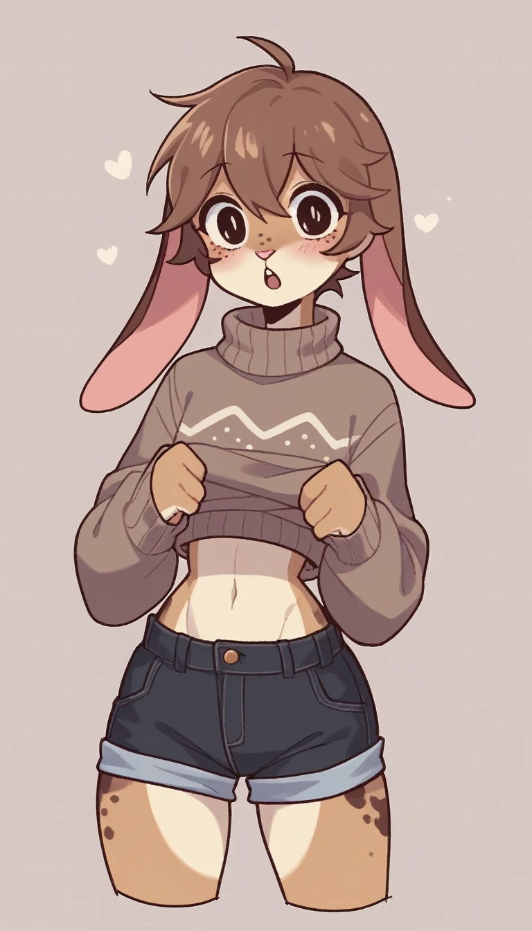  Best quality , Very detailed illustration, (Anthropomorphic furry rabbit boy:1,7) , tousled voluminous hair, Playful look, Slim, ideal body, thin waist,  wide hips, Simple drawing, Artifyber style, pastel flat colors, Cute, cartoon, sweater, short shorts