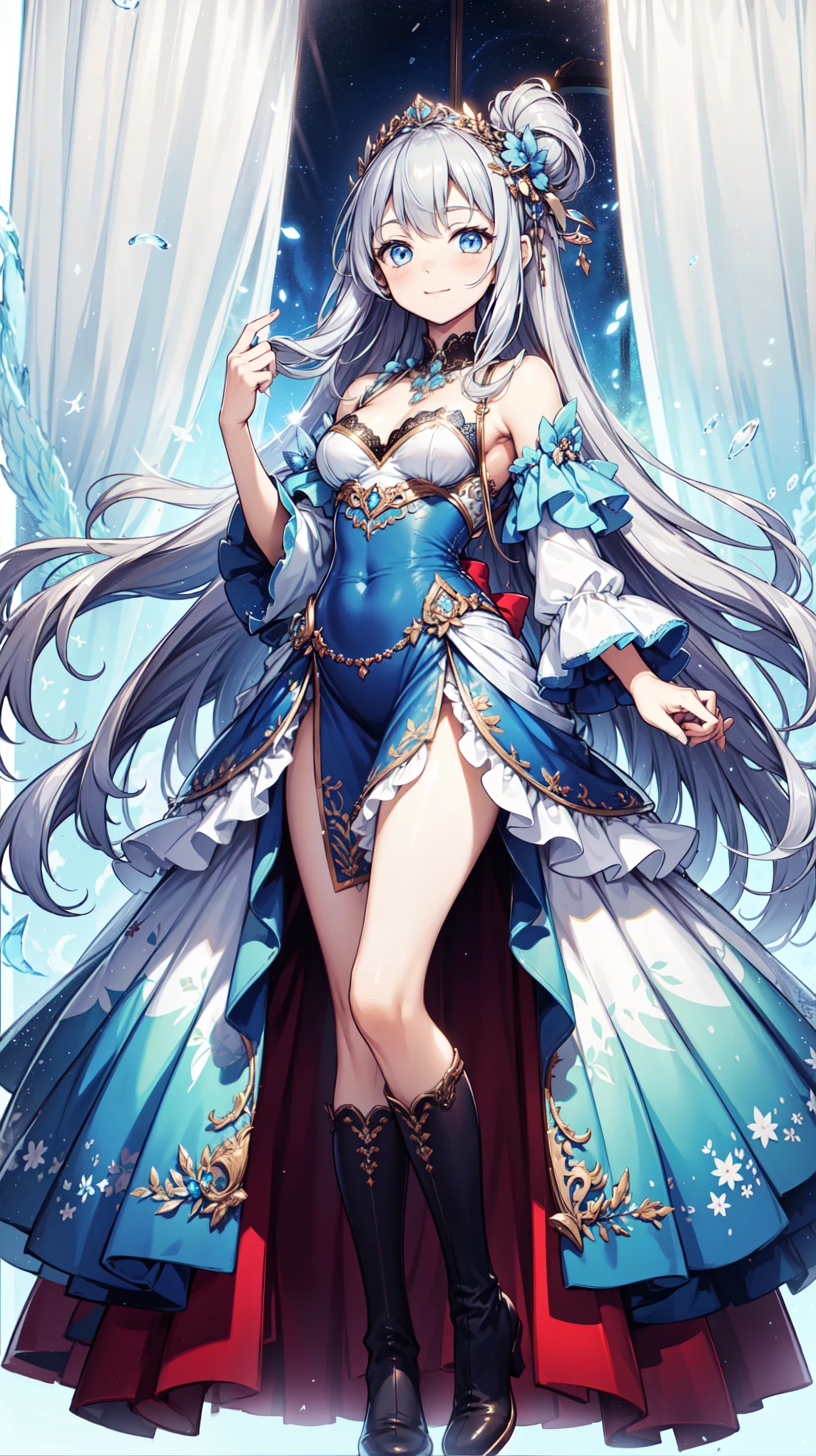 Girl,obsessed, Have Fun ,in love,(long skirt that covers the legs),Silver Hair,Blue Eyes,Transparent clothes,Exquisite hair accessories,Transparent lace,Sky blue pattern,night,Dress nicely,bedroom,solitary,night,Engraved suspender boots, Slim Beautiful Face ,