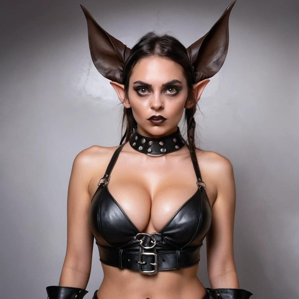 A girl with nice tits, brunette, has sunglasses, ears like an elf, sharp teeth shark like, sharp cheekbones, in a latex outfit
