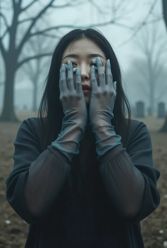 Hands_on_face, a ghost korean woman with glowing white eyes, cold, translucent hands cover her face as she floats through a foggy graveyard.