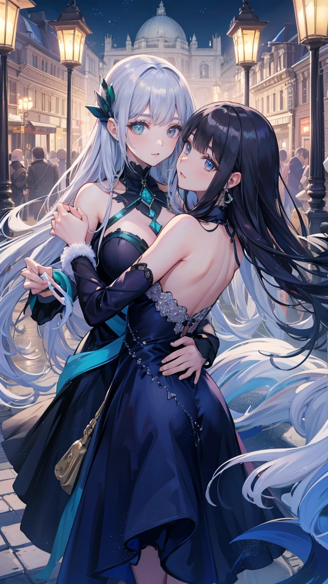 (((yuri))), (((2 girls))), ((evening dress, strapless)), absurdres, RAW photo, extremely delicate and beautiful, masterpiece, Best Quality, ultra high resolution, 32k, hyperrealistic, ultra-detailed, detailed description, perfect anatomy, pale skin, 20 years old, detailed beautiful face and eyes, tearful mole, earring, short medium hair, wavy hair, random colored hair, whole body shot, colossal tits,