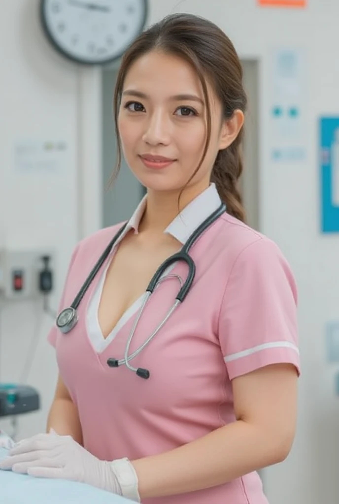 (8k, Highest quality, masterpiece:1.2), (Realistic, photo-Realistic:1.4), Very detailed, From below, Fisheye Lens, beautiful nurse looking into the viewer with her face close, The most beautiful Japan people々, 19yo, Cute Smile, Hunchback, Nurse uniform, Chest is open, Name tag, Stethoscope, Hospital room, mini skirt, From belowのアングル, Updo, Thin legs, White skin,Man doing abdominal exercises, Cleavage, erection