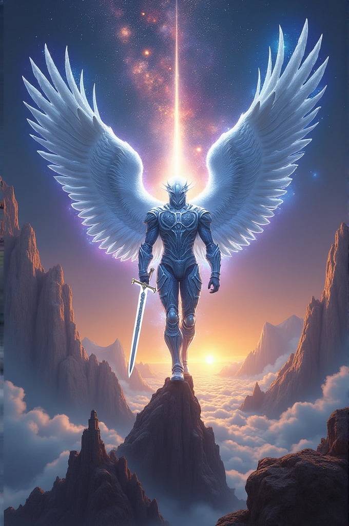 Cosmic fallen angel with bright eyes, Biomechanical, on top of a mountain with a mix of very bright colors, under the moonlight with particles of light, brillantes, sortant de ses mains