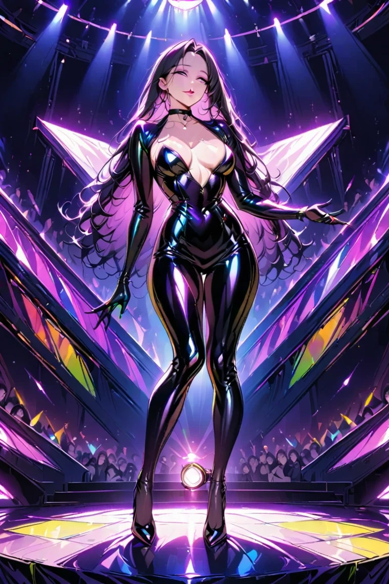 Chun-Li. brown hair. pink glow eye. dark costume. mind control. headphon. ahegao. lightning effect.