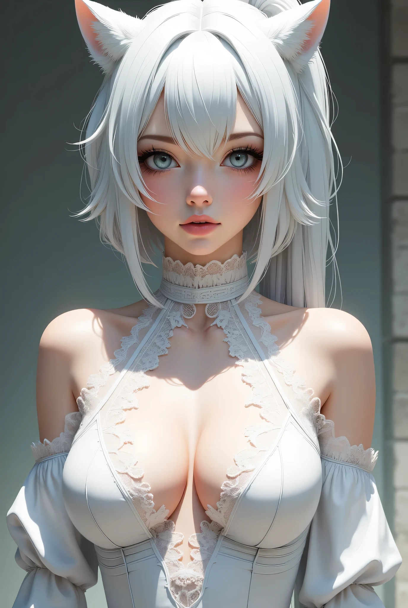 full shot, A beautiful 30 years old woman with gorgeous face, massive breasts, wearing white sheer lingerie, cleavage, long shiny white hair, black shiny crown, bright lighting, highly detailed, 8k, masterpiece