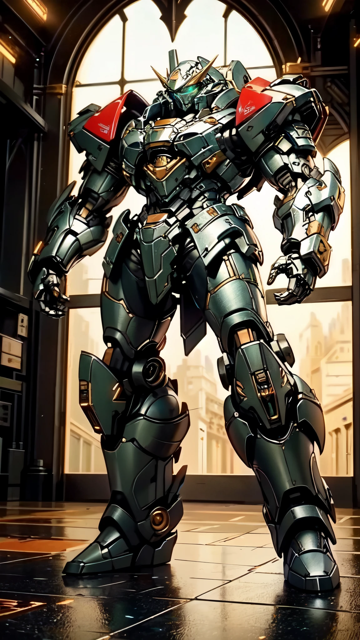 (masterpiece:1.5, best quality:1.5, extremely delicate:1.5), ((male:1.5)), Biomimetic humanoid Mecha, green eyes, fully enclosed shoulder guards, matching arm and leg guards, gemstone, full body, full armor, the design balances heavy with agility, organic biotech armor, (the color scheme is primarily Red with Green and White accents, concept Inspired by Lion, glowing eyes, the armor glows), standing, floating high above the futuristic sci-fi city, exquisite and mature art style, metallic, dramatic, high definition, highres, ultra-detailed, ultra-fine painting, professional, anatomically correct, symmetrical face, extremely detailed eyes and face, high quality eyes, creativity, RAW photo, UHD, 32k, Natural light, cinematic lighting, (masterpiece-anatomy-perfect:1.2)