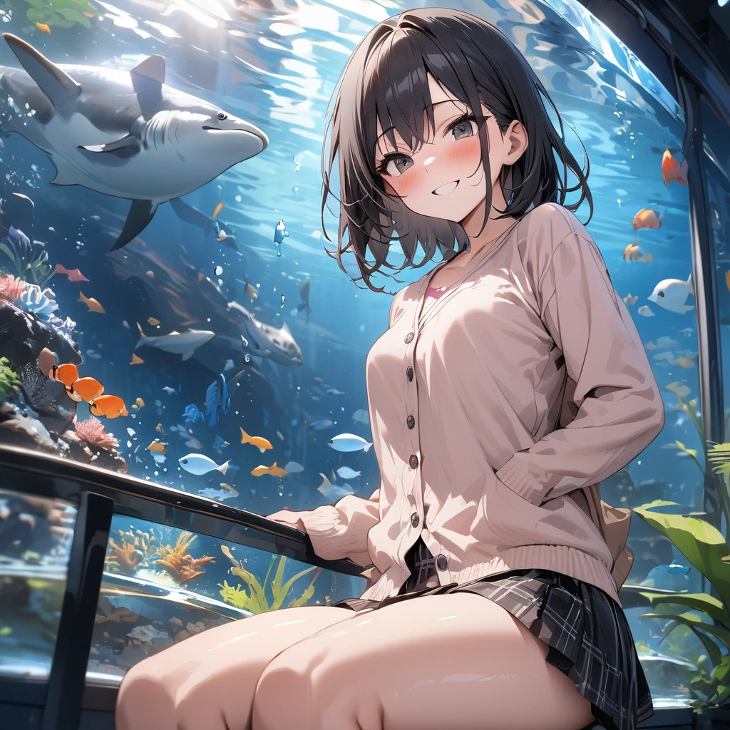 (Masterpiece, top quality, high resolution, realistic photo, realistic looking skin:1.1),
(Woman sitting on bench at aquarium:1.5), 
(She has a smiling expression: 1.5),
(Her skirt is so short you can almost see her panties),
(She is wearing a gray V-neck long-sleeved knit: 1.8),
(She is wearing a black pleated mini skirt: 1.8),
(She is wearing long brown boots: 1.8),
(Her panties are pink simple cotton: 1.8),
(She has long black hair: 1.8),
(The location is a bench at the aquarium:1.5),
1 Japanese girl, solo, full bodied esbian, beautiful eyes, glowing eyes, glowing thighs, NSFW