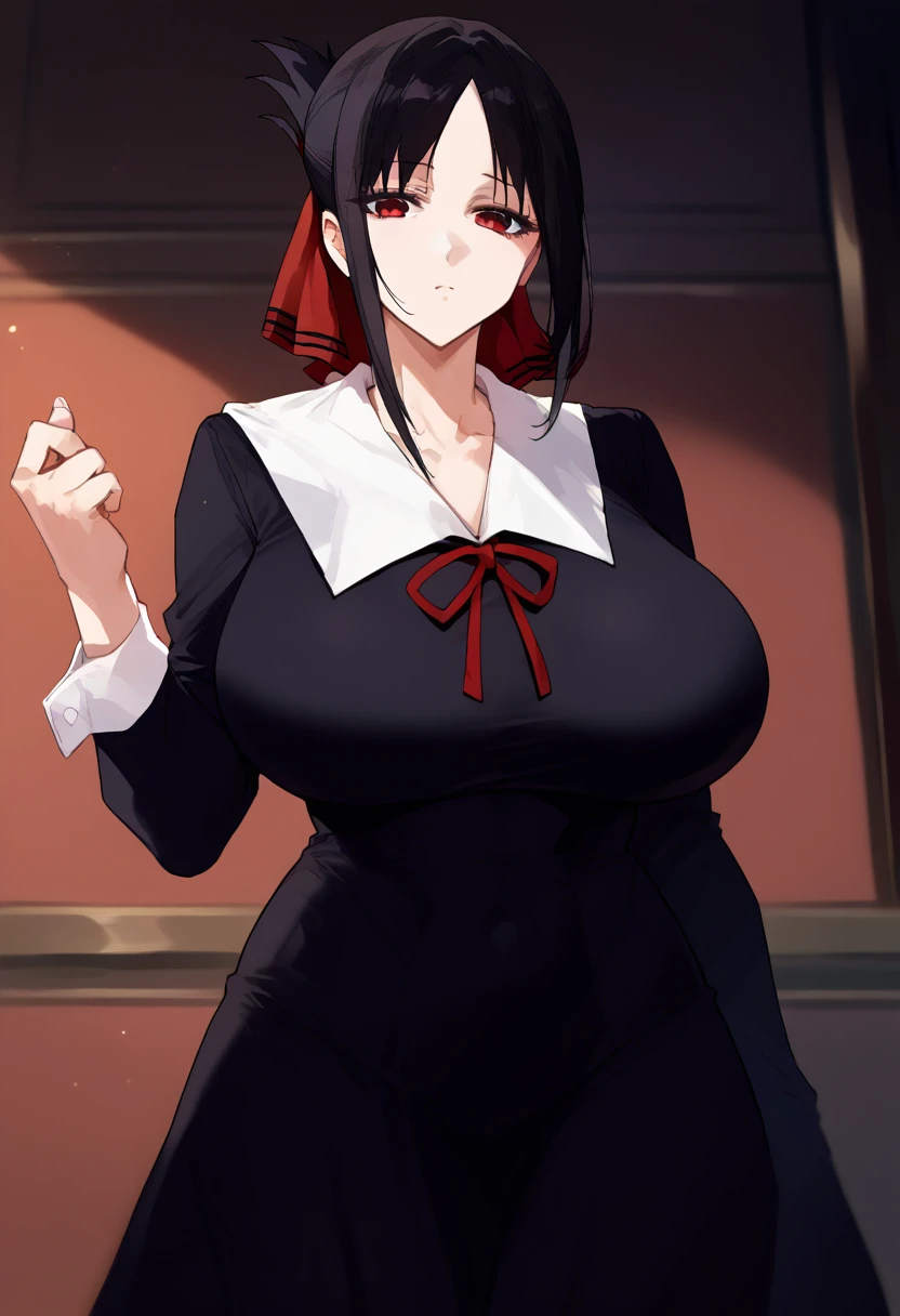 score_9, score_6_up, source_anime, 1girl, Alone, , cowboy shot, shinomiya kaguya, red eyes, black hair, hair ribbon, black dress, white sailor collar, neck ribbon, red ribbon, ((huge breasts ))、Are standing、