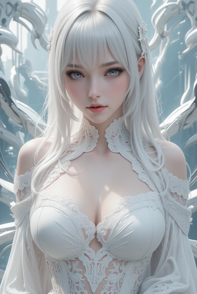 8K, Ultra High Definition, Super detailed, Shiny detailed hair, detailed face, fantasy landscape, solo, looking at viewer, {{best quality}}, {{masterpiece}}, {{ultra-detailed}}, {detailed light}, ultra high quality eyes, detailed eyes, perfect eyes, large eyes, detailed white eyes, beautiful lips, white hair, white Fox ears, white Fox tails, long hair, beautiful, skinny body, white skin, slutty, erotic, suggestive, shiny, stylish, ((nsfw))