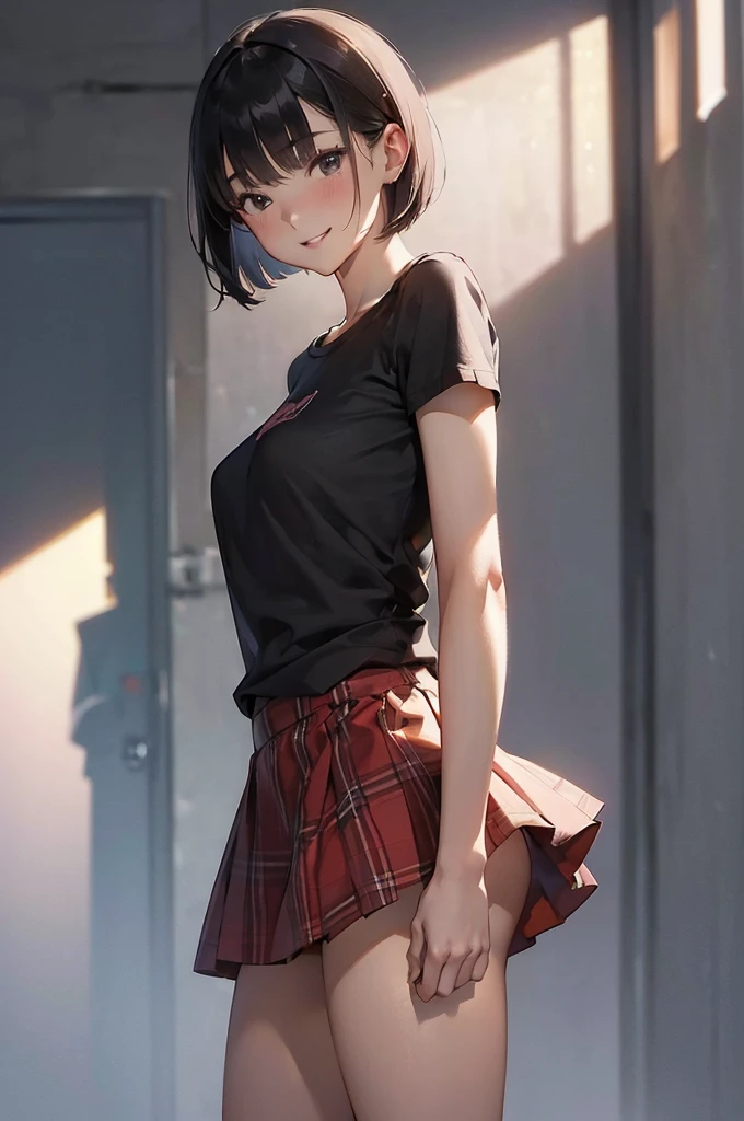 ((NSFW:1.3))、((Big Breasts))、1 female、(( black t-shirt 、 red check micro mini skirt))、((濡れて身体にはりついた black t-shirt ))、(( red check micro mini skirt、Micro Short Skirt))、((Very short black hair、Short Hair、Short Bob))、((smile))、A sweet face、((Waiting for a kiss))、(( close-up ))、(( close-up ))、(( close-up ))、背景はnoon間の街、((最high quality))、 ((photograph))、 (detailed)、(リアルなphotograph、最high quality、detailed)、(8k wallpaper)、( Cinematic Lighting 、Beautiful light、(noon:1.3)) ( sharp focus lined up in such poses、complicated)、(( standing facing the viewer))、((True Face))、Bright sunlight、From below、((masterpiece))、((最high quality))、 ((超detailed))、 (Illustration)、 (( Extremely delicate and beautiful ))、 masterpiece、high quality、detailedな顔を描く、Blurred Background、4K、目の中の超complicatedな瞳孔、Slender、( super delicate and beautiful skin )、 Perfect Anatomy、(masterpiece、最high quality)、(超detailedな8K)、( perfect design )、 High Resolution 、((blush))、 (Super Illustrated )、masterpiece、最high quality、 High Resolution 、masterpiece、最high quality、極めてdetailed、(( 1 girl))