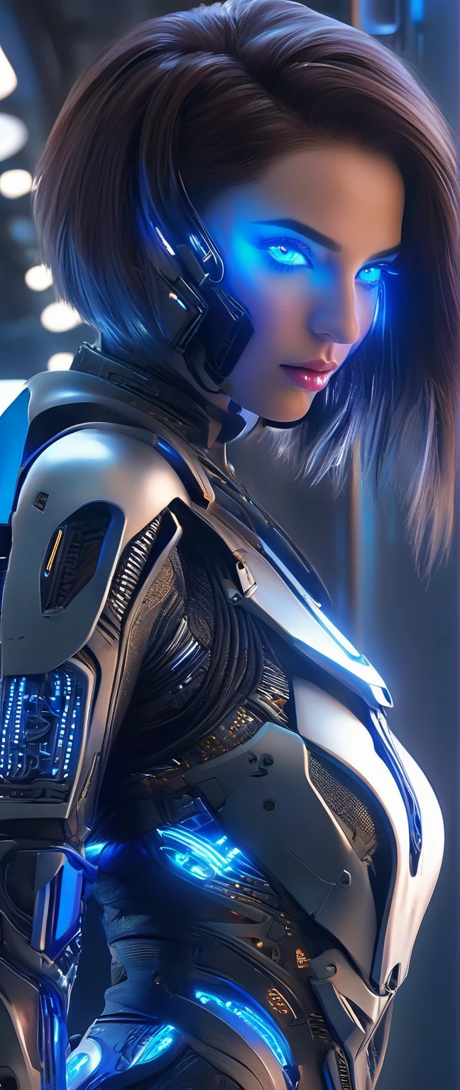 ( best quality, 4K, 8k,       High Resolution      , masterpiece: 1.2), (       very detailed, Realistic, Realistic:1.37),     Woman in futuristic costume    ,         woman wearing exoskeleton cyber armor ,      Women in Bodycon Armor             、((      she has a plasma gun in her hand         )), Full body images, Maximum details,     high quality , 8k,Chest, blue eyes,       High Resolution      , 超      High Resolution      ,  best quality,  (((   bob cut short hair ))),Bob Hair, Big Chest,        Photorealistic rendering   ,     beautiful dark-haired woman, blue eyes,    Women in Cyber Style    , ((Advanced spacecraft interior)), high quality images,Bob Hairー，(( bob cut style with aligned bangs ))、Beauty、